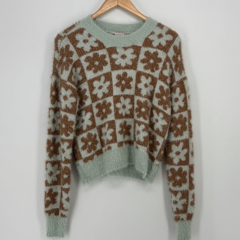 SO Goods For Life Women Small Sweater Sage Green Brown Checkered Floral Fuzzy